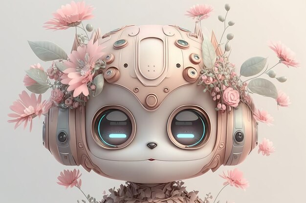 Il simpatico robot è decorato con fiori Generative AI