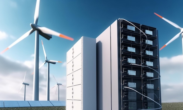 Il sistema di accumulo di energia in moduli batteria al litio completo di pannello solare e turbina eolica sullo sfondo rendering 3d AI generativa