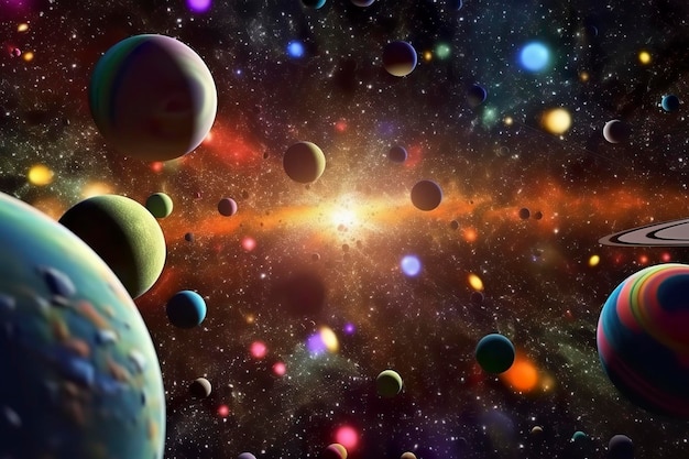 Il sistema solare olografico dei pianeti che nuotano attraverso lo spazio nebuloso e il tempo realistico, foto ravvicinata AI generativa