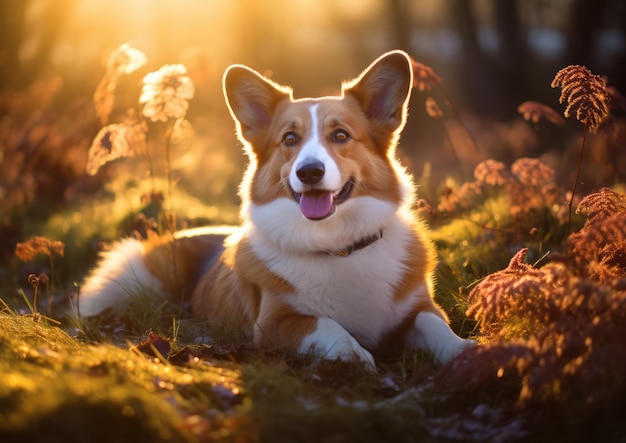 Il soffice cappotto di un cardigan Welsh Corgi che brilla nella morbida luce del mattino