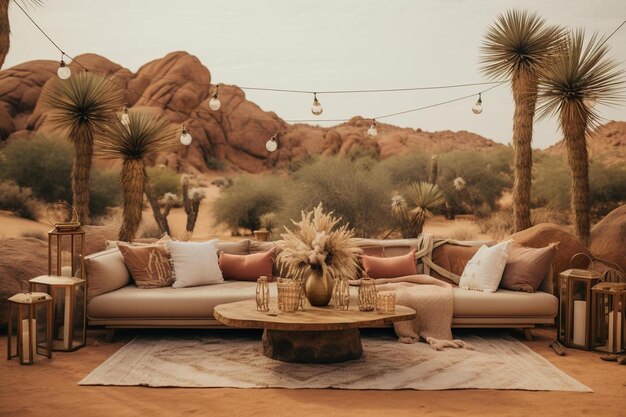 il soggiorno del deserto con un divano e un tavolo con un vaso di fiori.