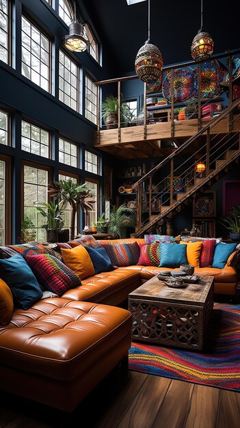 il soggiorno della casa è decorato con cuscini colorati e un divano colorato