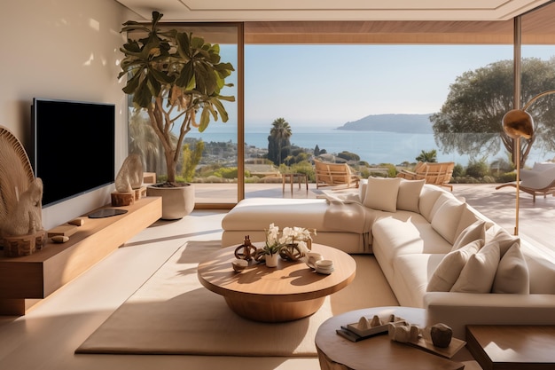 Il soggiorno ha una televisione un divano uno specchio un vaso e una grande finestra con vista sul mare