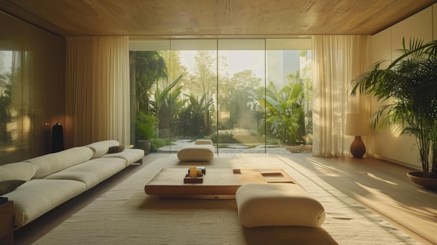 Il soggiorno in stile ultraminimalista con l'essenziale, le porte scorrevoli in vetro rivelano un giardino lussureggiante.