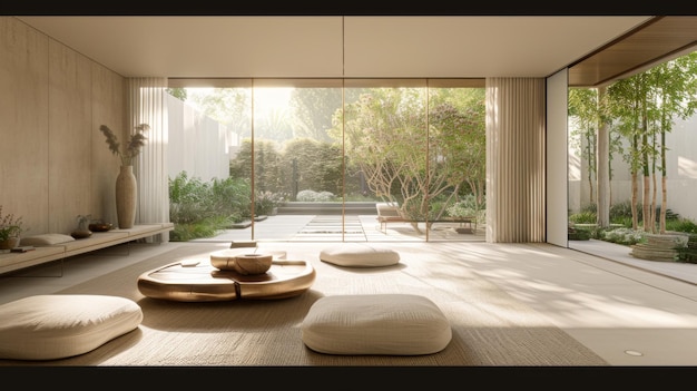 Il soggiorno in stile ultraminimalista con l'essenziale, le porte scorrevoli in vetro rivelano un giardino lussureggiante.