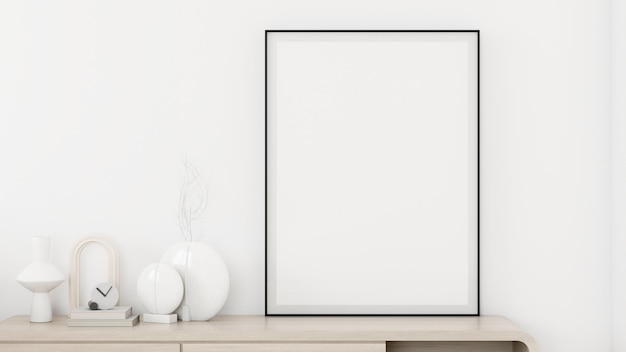 Il soggiorno moderno presenta una statua da parete bianca e una cornice per poster mockup Il design semplice è perfetto per mostrare opere d'arte rendering 3D in stile minimalista moderno