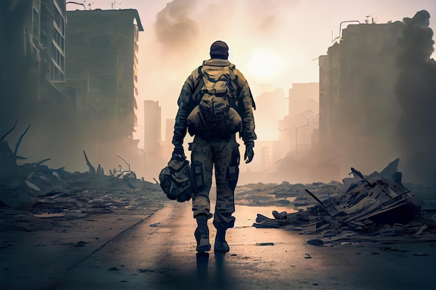 Il soldato cammina lungo una strada in una città in rovina IA generativa