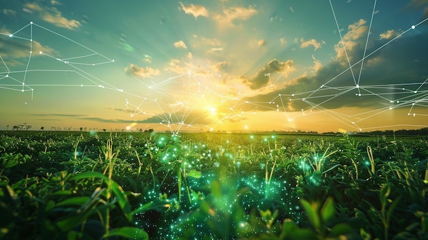 Il sole accattivante con l'erba verde sul campo e la moderna tecnologia che galleggia attorno a loro