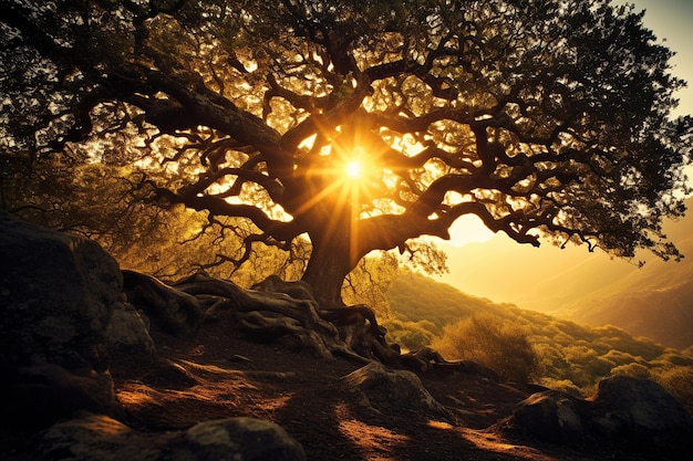 Il sole attraverso la vecchia quercia