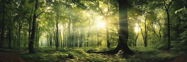il sole che passa attraverso gli alberi verdi in una foresta nello stile dell'energia giovanile