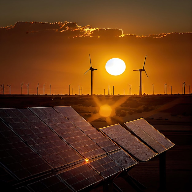 Il sole che tramonta dietro i pannelli solari e le turbine eoliche