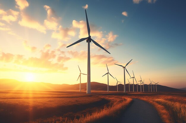 Il sole che tramonta dietro una fila di turbine eoliche in un campo