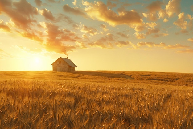 Il sole che tramonta su un vasto campo di grano dorato con un