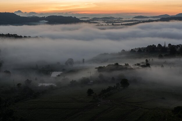 Il sole e la nebbia nella valle della Thailandia