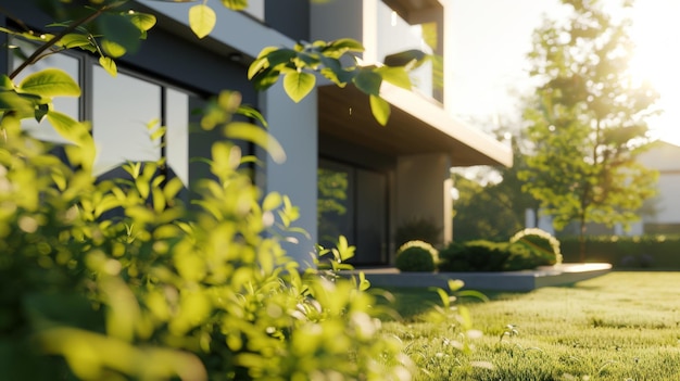 Il sole mattutino adorna una casa moderna in mezzo a un ambiente verde lussureggiante