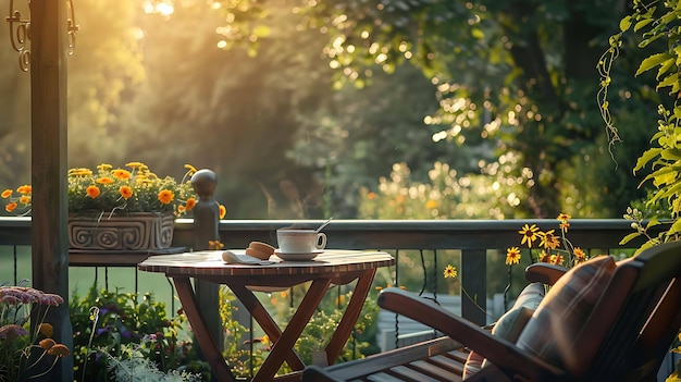 Il sole mattutino splende attraverso la finestra su un piccolo tavolo con una tazza di caffè e un piatto di pane tostato il tavolo è circondato da fiori e piante