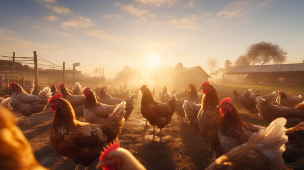 Il sole mattutino splende su un vivace gregge di polli in una fattoria rustica imbuita di vitalità