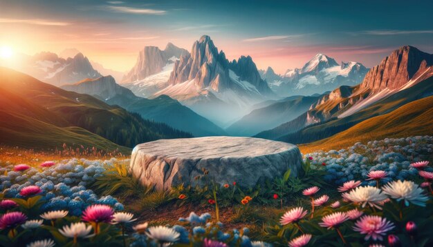 Il sole proiettando raggi dorati su un prato pieno di fiori con maestose cime di montagna in lontananza
