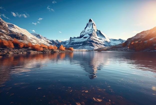 Il sole si riflette su un lago vicino alla montagna Matterhorn nello stile di un paesaggio romantico.