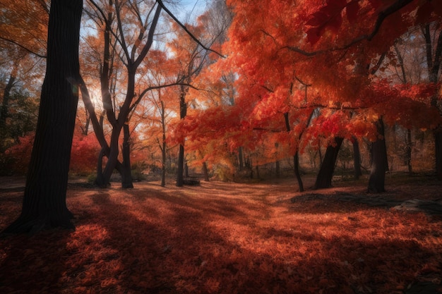 Il sole splende attraverso gli alberi autunnali rossi in un parco