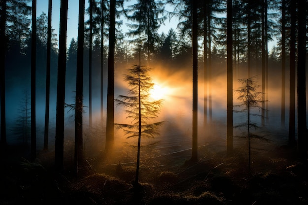 Il sole splende attraverso gli alberi in una foresta nebbiosa