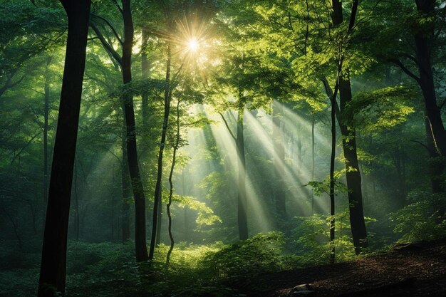 Il sole splende attraverso gli alberi in una foresta.