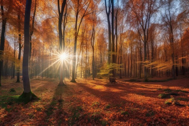 Il sole splende attraverso gli alberi nella foresta IA generativa