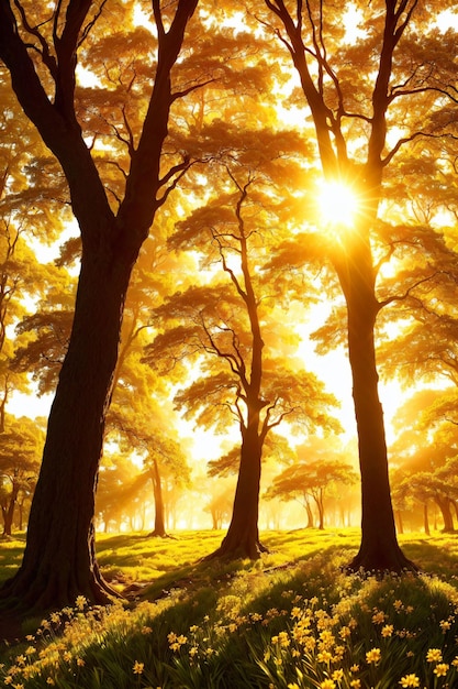 Il sole splende attraverso gli alberi