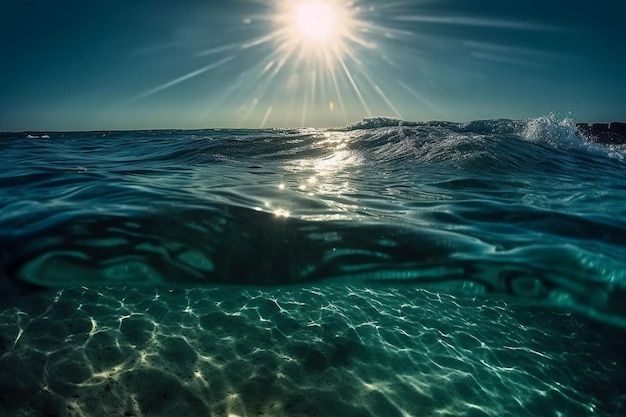 Il sole splende attraverso l'acqua e l'oceano è visibile.