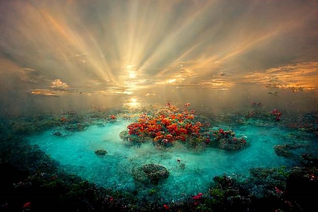 Il sole splende attraverso le nuvole sopra una barriera corallina ai generativa