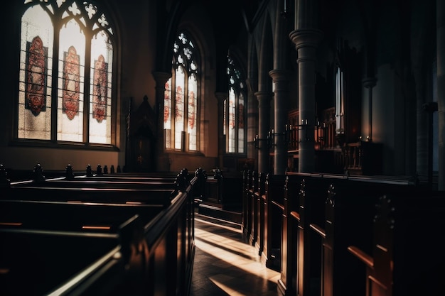 Il sole splende attraverso le vetrate di una chiesa Immagine generativa AI