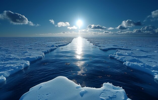 Il sole splende sul ghiaccio marino aperto creando una scena magica e scintillante della bellezza della natura immagine dell'aumento della temperatura globale.