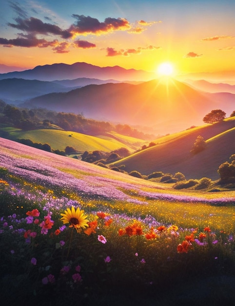 Il sole splendente sorge sopra l'orizzonte illuminando un pittoresco paesaggio di dolci colline e vi