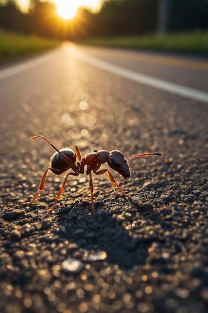 Il sole sta appena sorgendo e una piccola formica carina sta cercando cibo sulla strada.