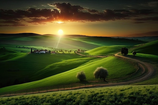 Il sole sta tramontando dietro lussureggianti campi verdi e dolci colline create con l'IA generativa