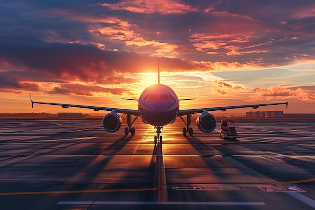 il sole sta tramontando dietro un aereo su una pista dell'aeroporto