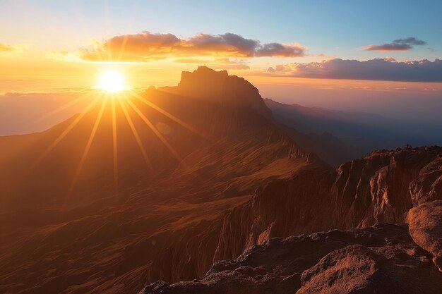 Il sole sta tramontando lanciando un caldo bagliore sulla catena montuosa