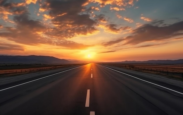 Il sole sta tramontando su un'autostrada con le montagne sullo sfondo AI