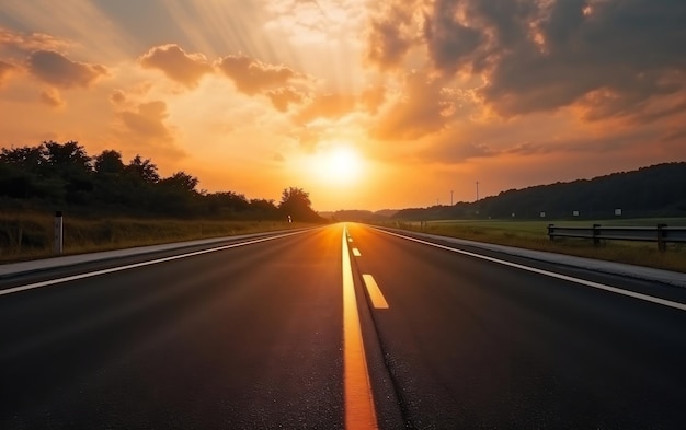 Il sole sta tramontando su un'autostrada con le montagne sullo sfondo AI