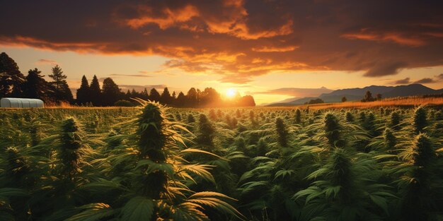 Il sole sta tramontando su un campo di piante di cannabis