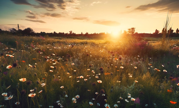 Il sole sta tramontando su un campo pieno di fiori selvatici