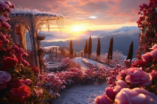 Il sole sta tramontando su un giardino con fiori rosa.