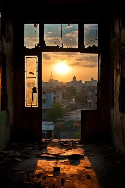 il sole sta tramontando su una città da un edificio fatiscente Finestra vista dalla finestra della scuola