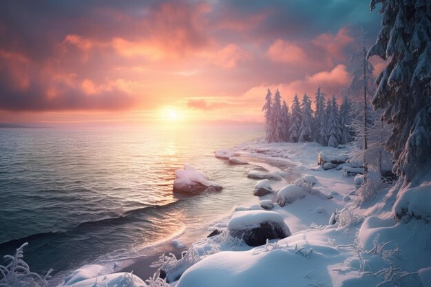 Il sole sta tramontando su una costa innevata.