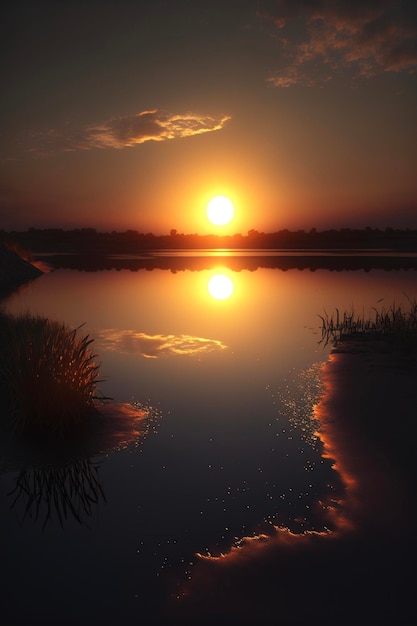 Il sole sta tramontando su uno specchio d'acqua generativo ai