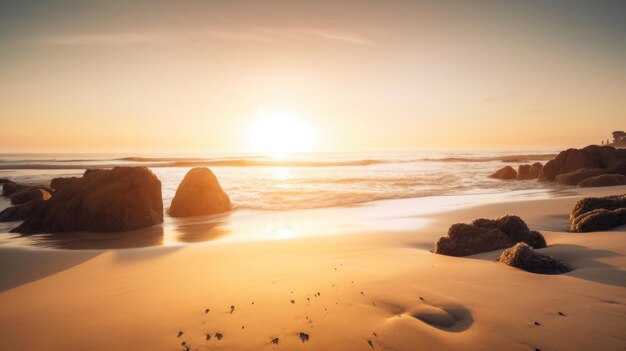 Il sole sta tramontando sull'acqua sulla spiaggia Immagine di intelligenza artificiale generativa