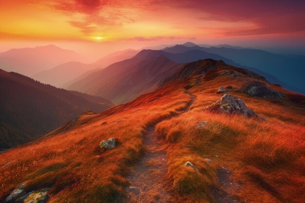 Il sole sta tramontando sulle montagne con un sentiero che lo attraversa AI generativo