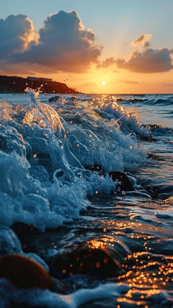 il sole sta tramontando sulle onde dell'oceano