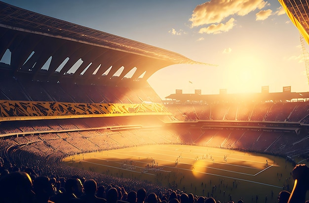 Il sole tramonta dietro il campo dello stadio di calcio caldo e dorato bagliore sulla folla ruggente
