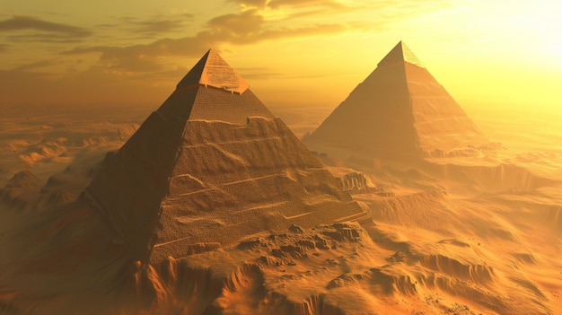 Il sole tramonta dietro le piramidi di Giza proiettando un caldo bagliore in mezzo a una tempesta di sabbia vorticosa